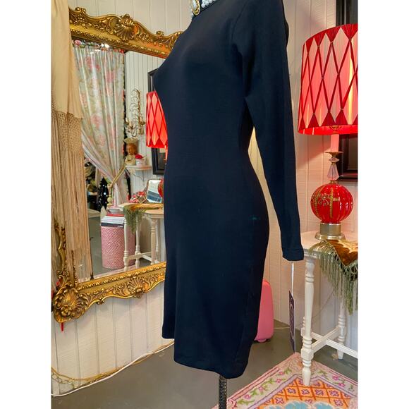 1980s black wool bandage dress backless beaded mock neck ruched 80s body con med - Picture 6 of 11